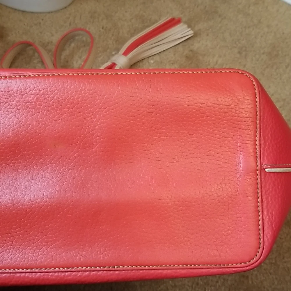 Tory Burch Two-Tone Cream and Coral Leather Tote with Tassel